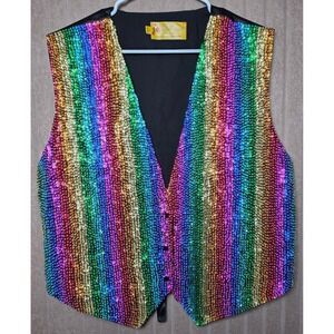 JC Rainbow Sequin Vest XL 18-20 Pride Festival Disco Glam Snap Front Cinch